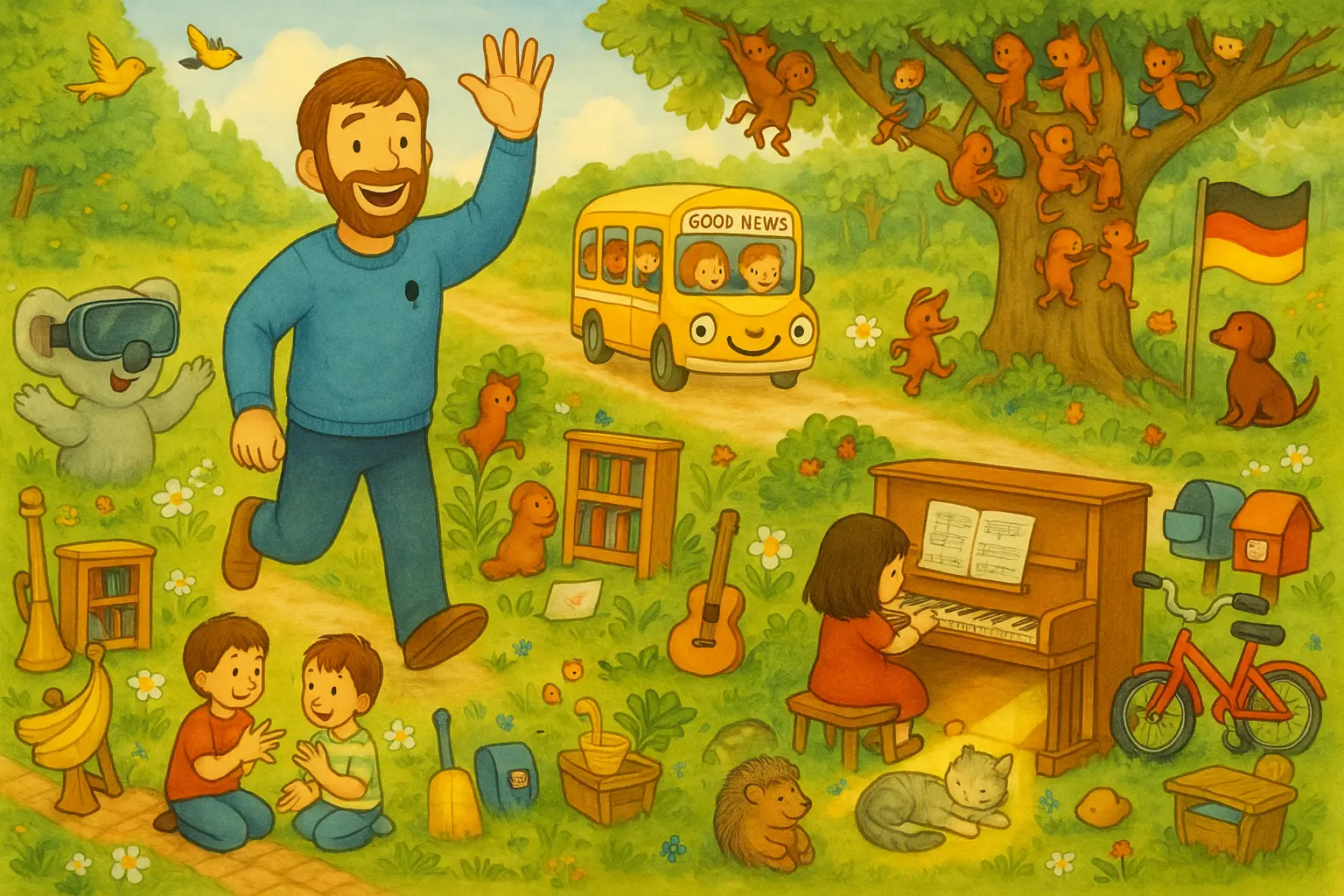 A dense, cheerful cartoon scene full of things that tell you about Em. Hover or tap everything.